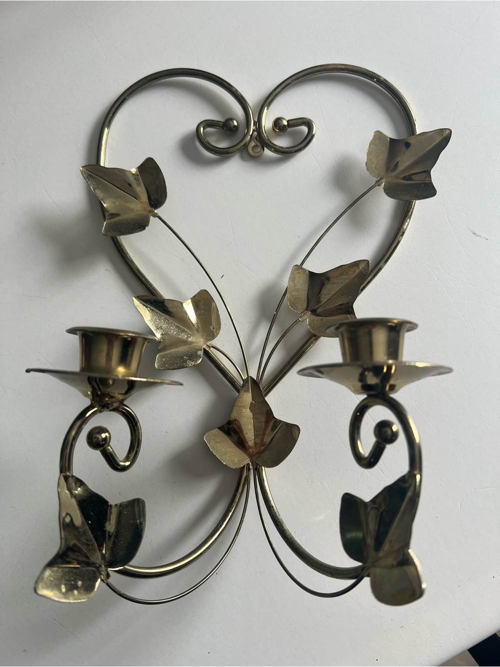 Vintage Homco Brass Heart Wall Sconce Candle Holder with Leaf Motif